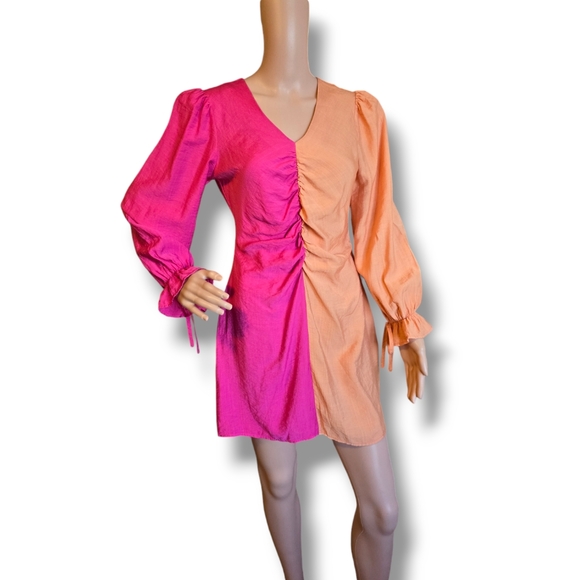 Women's Two Tones Flounce Sleeve Ruched Dress Pink/ Orange Peach - Picture 9 of 16